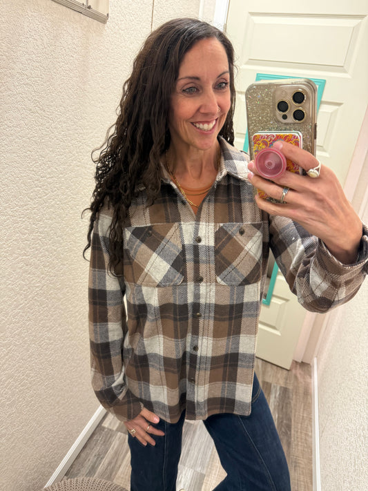 Brown, Black & Cream Plaid Button Up Flannel