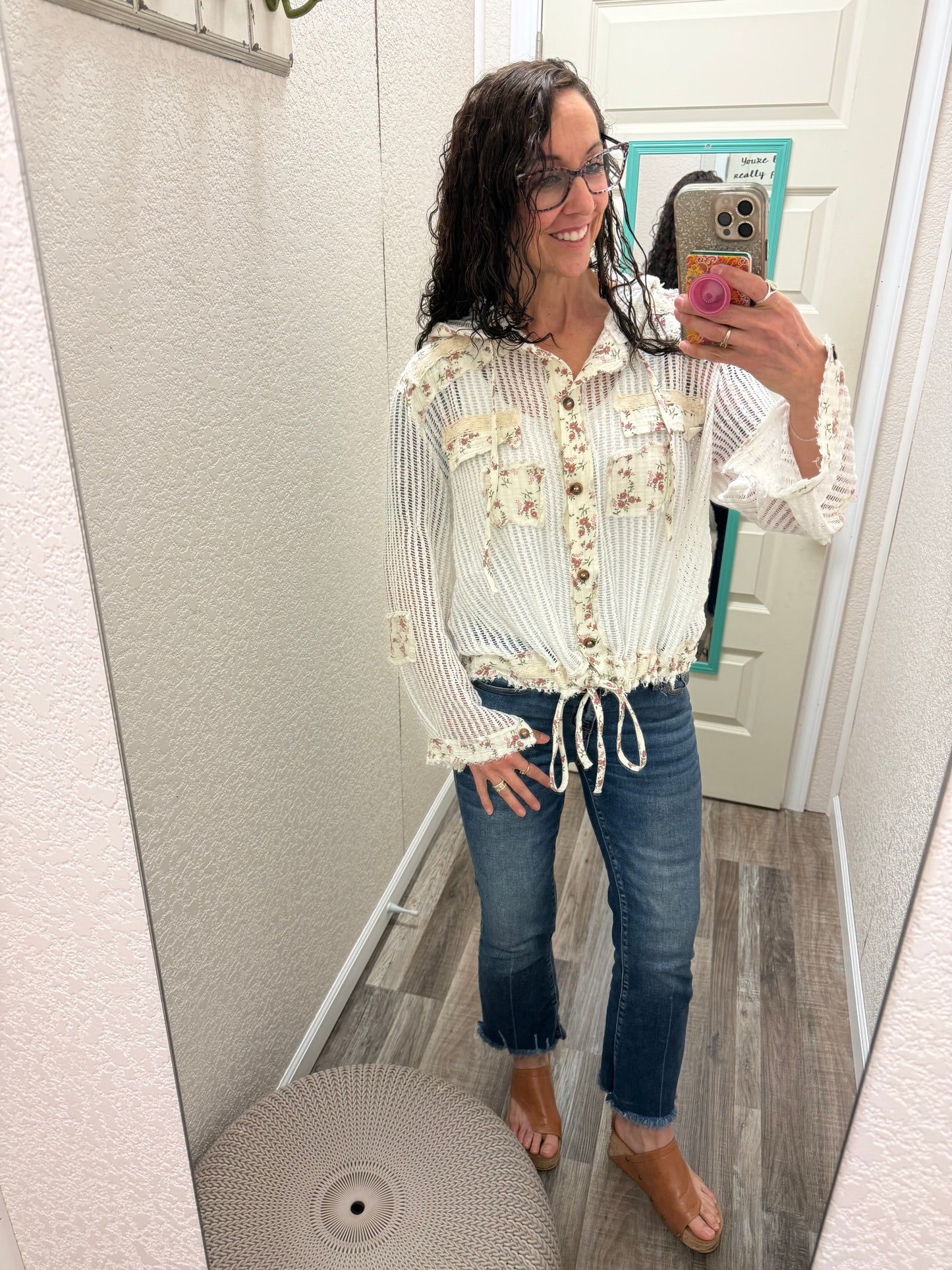 White Lulu Crochet Button Up Hoodie