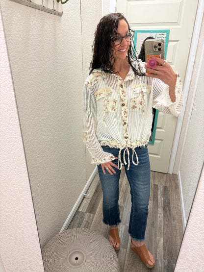White Lulu Crochet Button Up Hoodie
