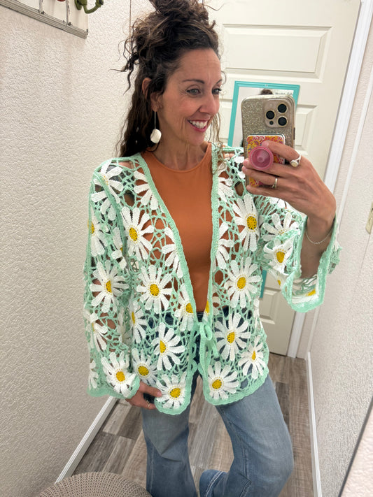 Daisy Long sleeve V neck crochet knit open cardigan: One Size