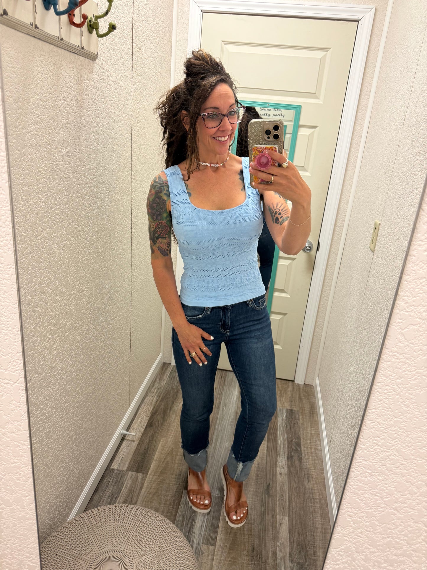 Trust Me Lace Textured Square Neck Tank Top With Built In Bra