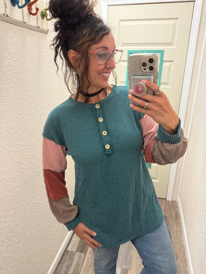 Autumn Color Blocking Corded Henley