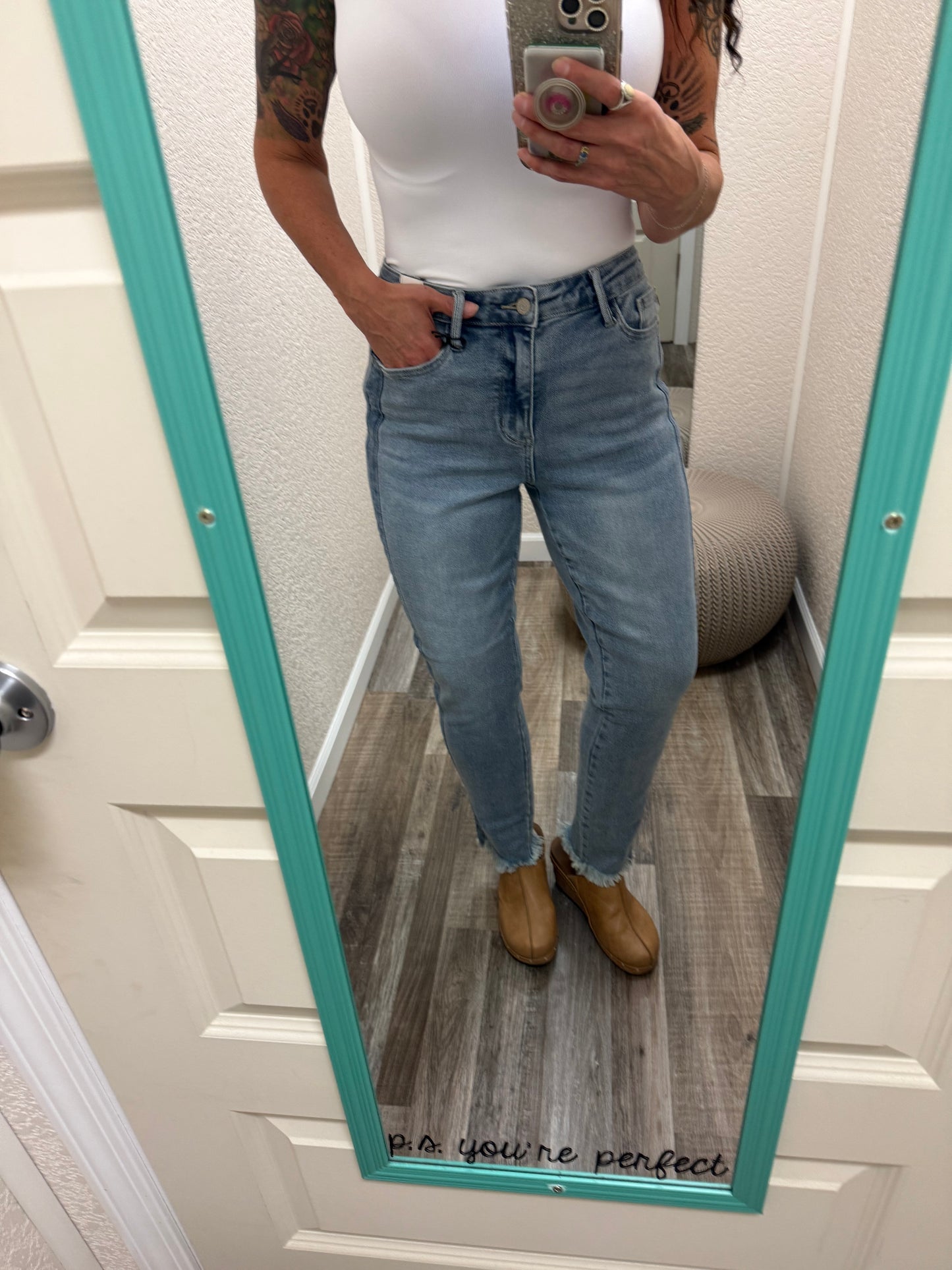 Nicole Vintage Wash Fray Hem Slim Fit Judy Blue Jeans