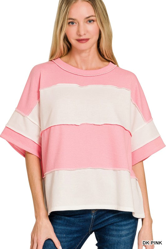 Terry Color Block Exposed Seam Short Sleeve Top