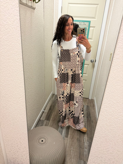 Floral Patchwork Wide Leg Overalls
