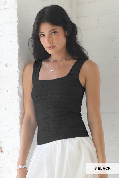 Trust Me Lace Textured Square Neck Tank Top With Built In Bra