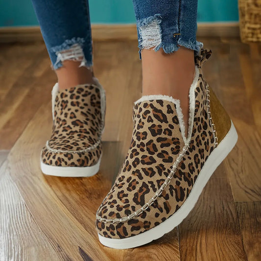 Brown Leopard Print Ankle Patched Flat Winter Fur Boots