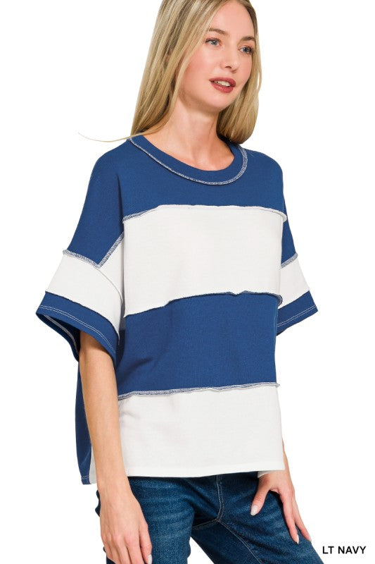 Terry Color Block Exposed Seam Short Sleeve Top