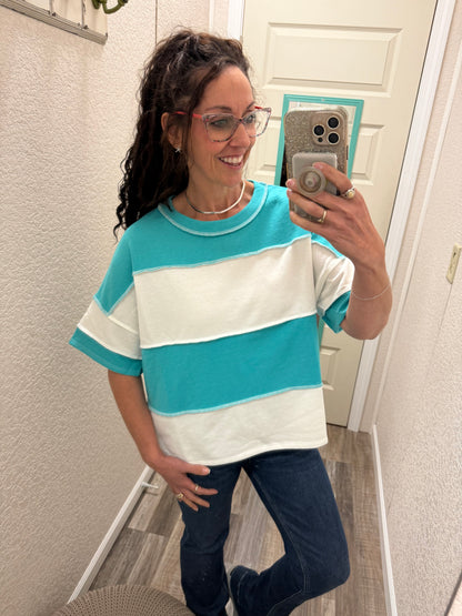 Terry Color Block Exposed Seam Short Sleeve Top