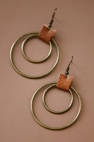 Double Circle Drop Earrings with Leather Accent