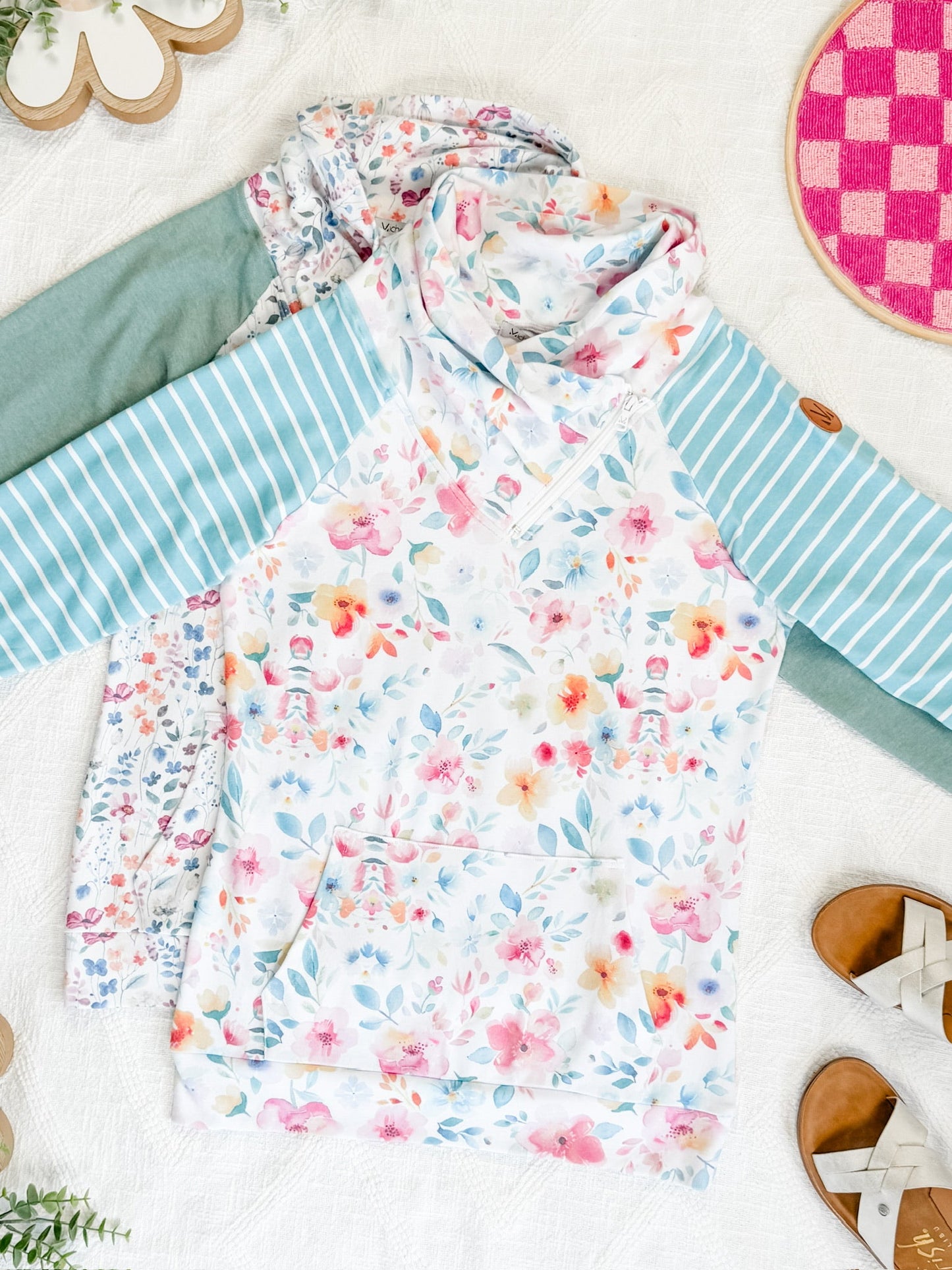 IN STOCK Zoey ZipCowl Sweatshirt - Watercolor Floral and Stripes