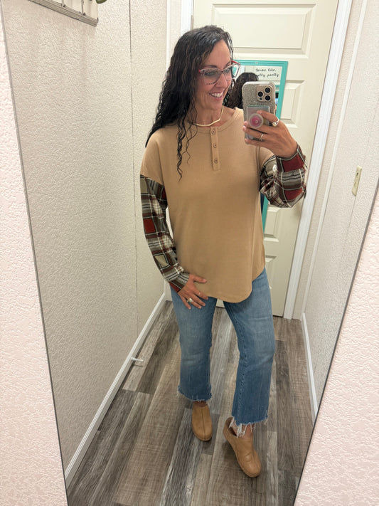 Patsy Plaid Sleeve Long Sleeve Henley Top