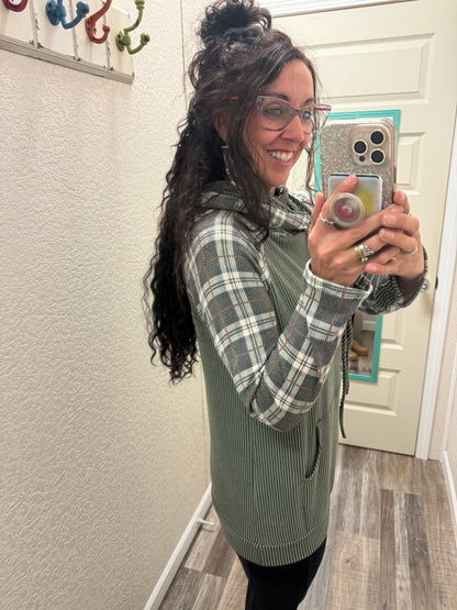 Holly Olive Corded PLAID CONTRAST DRAWSTRING HOODIE With Thumbholes