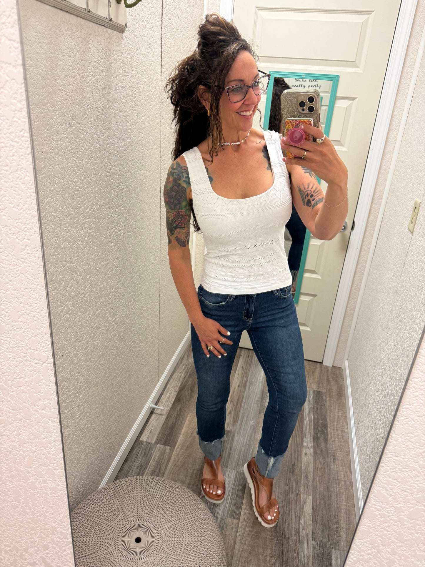 Trust Me Lace Textured Square Neck Tank Top With Built In Bra
