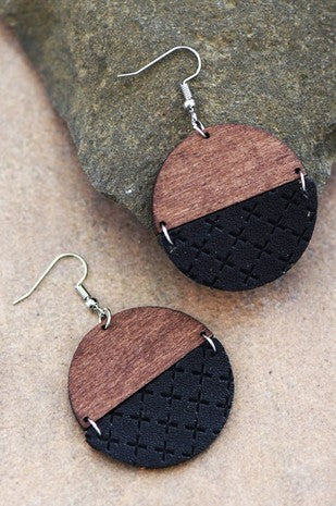 Black wood and black leather drop earrings