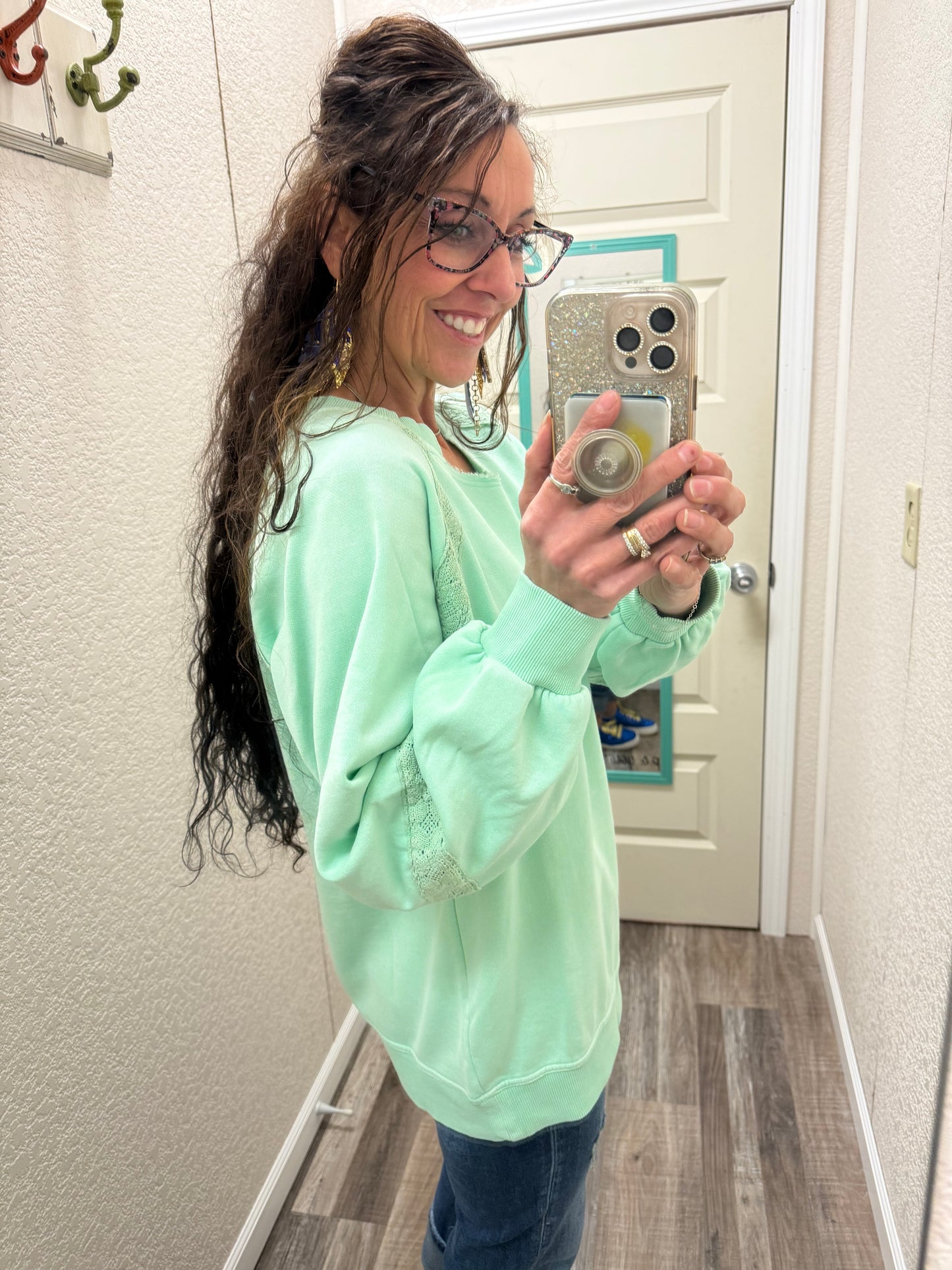 Mint Lace Accent Vintage Wash Pullover -