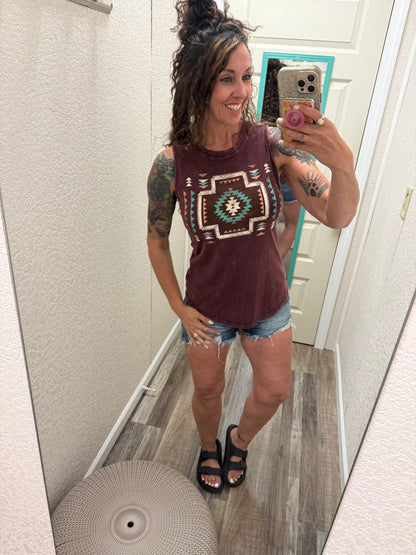VINTAGE AZTEK MINERAL GRAPHIC TANK TOP: Mineral Burgundy