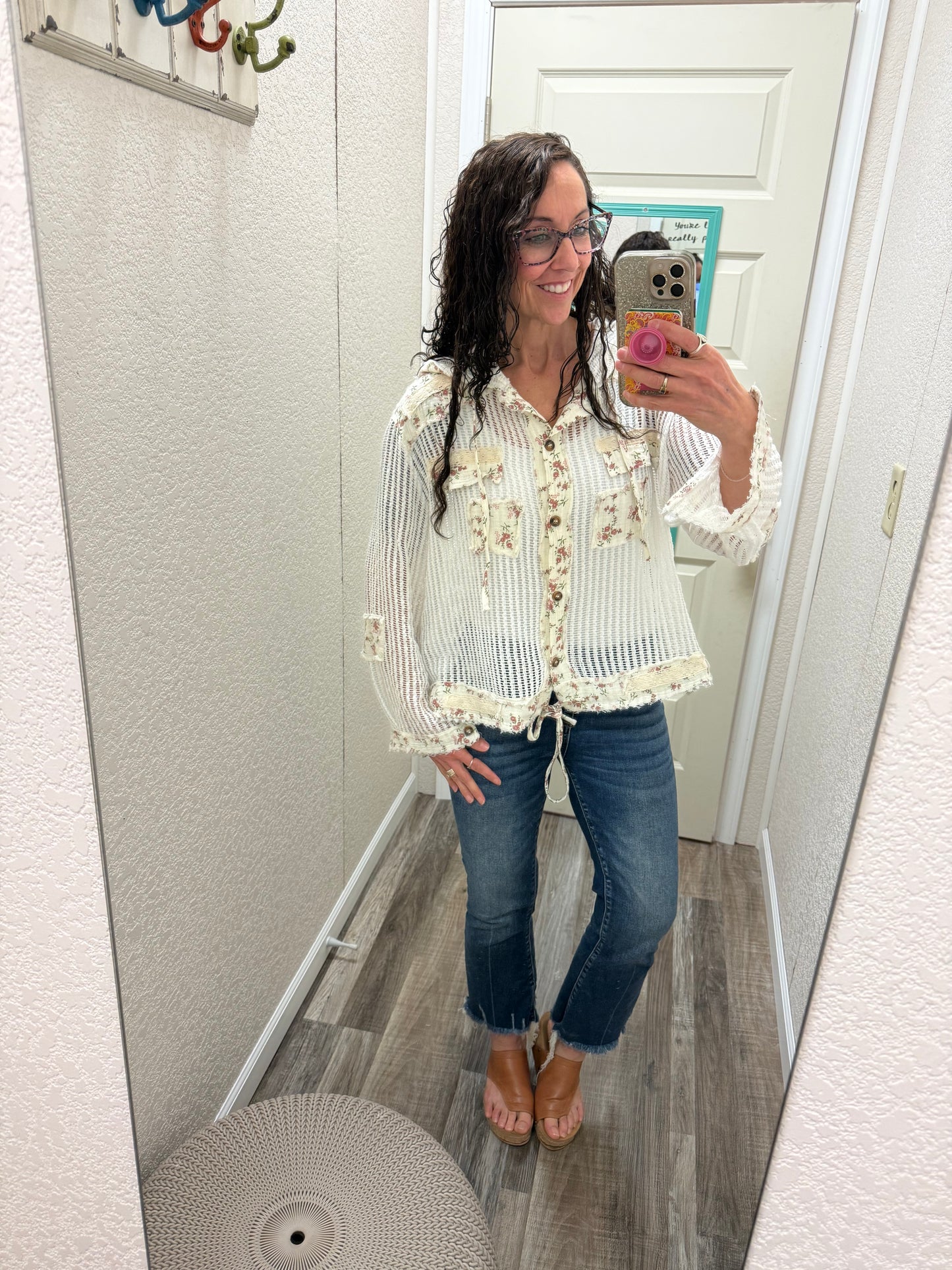 White Lulu Crochet Button Up Hoodie