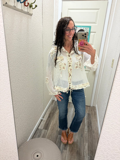 White Lulu Crochet Button Up Hoodie