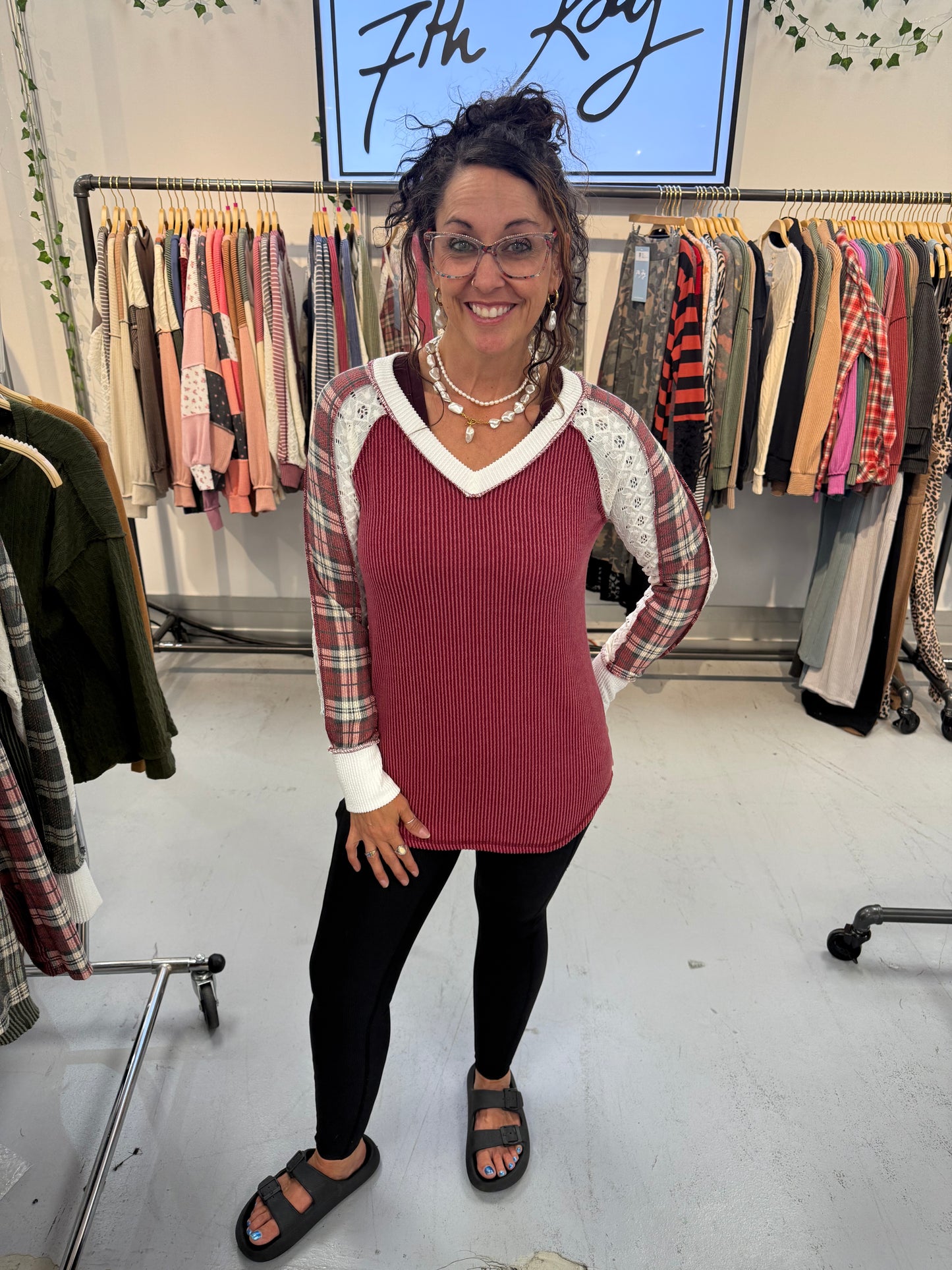 Lia Burgundy PLAID CONTRAST V Lace NECK LONG SLEEVE TOP