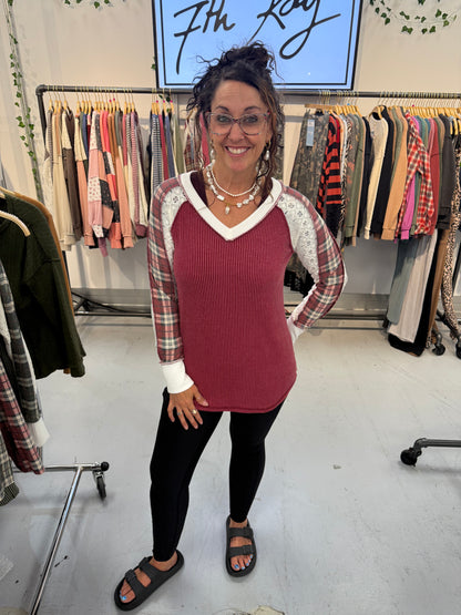 Lia Burgundy PLAID CONTRAST V Lace NECK LONG SLEEVE TOP
