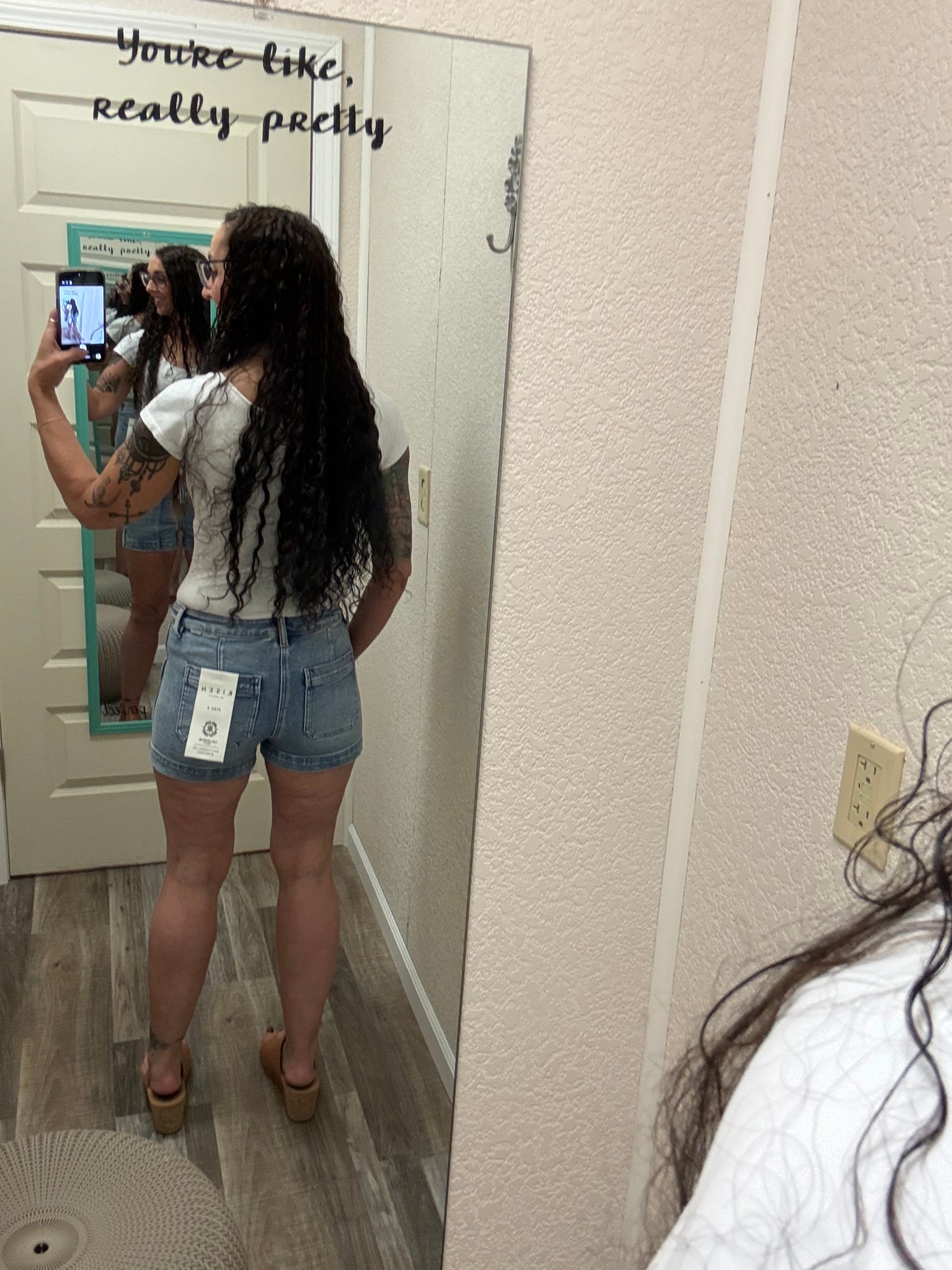 Samantha Risen Slouchy Eyelet String Detail Shorts Light Wash