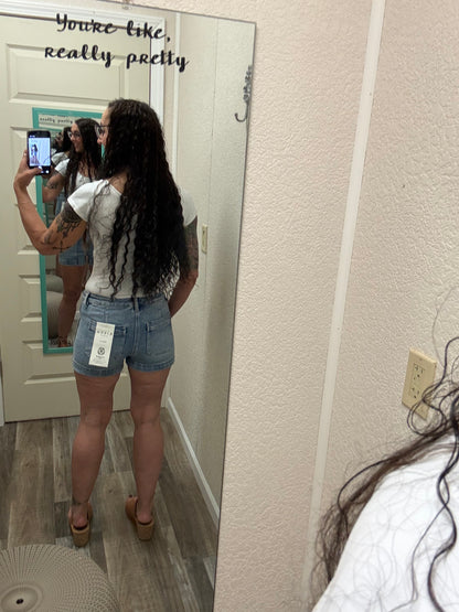 Samantha Risen Slouchy Eyelet String Detail Shorts Light Wash