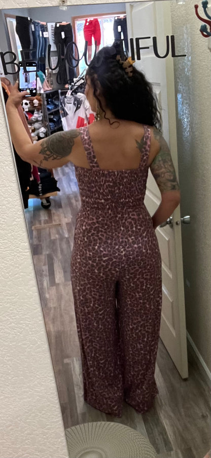 Lisa - Leopard Print Smocked Top Jumpsuit