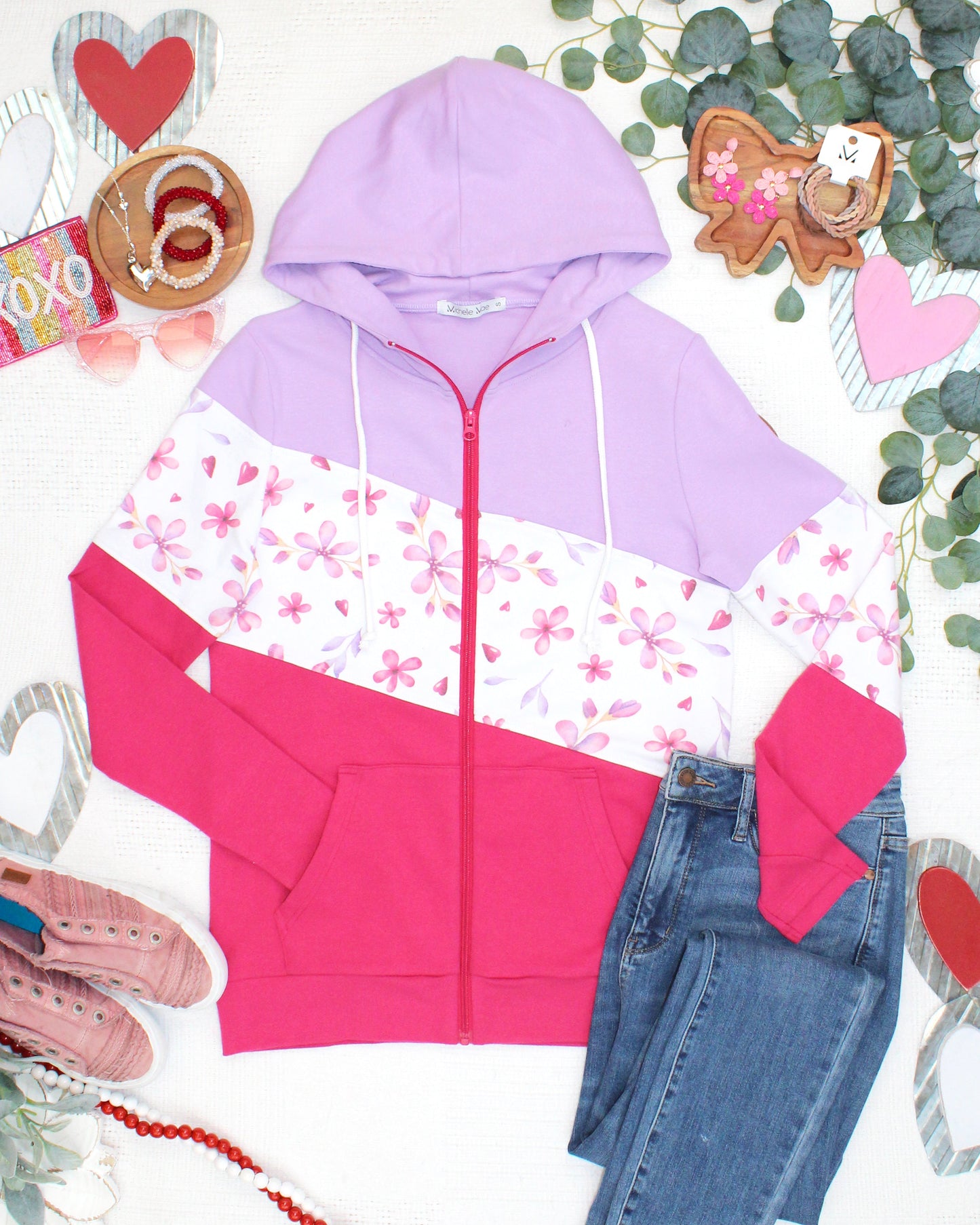 Colorblock Fullzip Hoodie - Lavender, Blooming Hearts, and Magenta