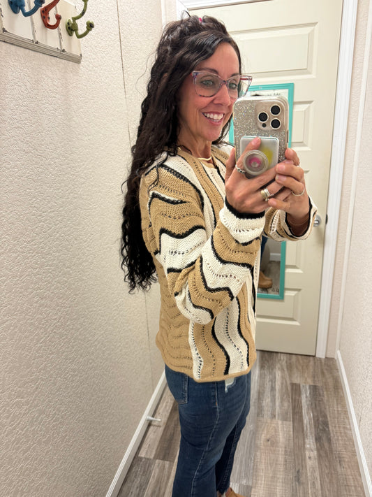 Wave On Pointelle Wavy Striped Knit Button Down Cardigan