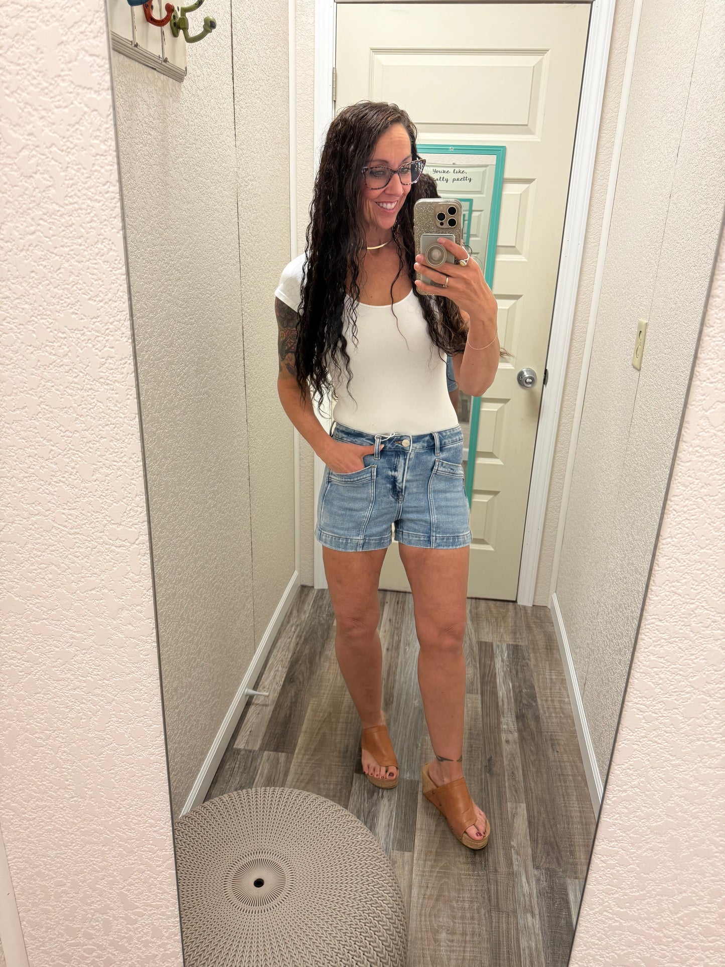 Samantha Risen Slouchy Eyelet String Detail Shorts Light Wash