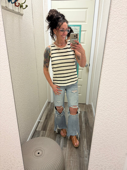 Boat Dreams Rounded Neck Pointelle Striped Knit Top