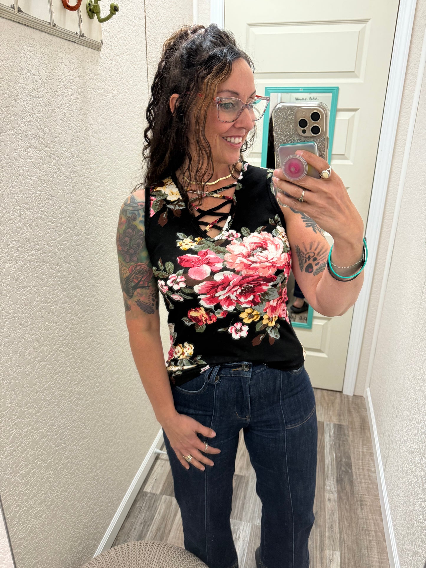 Midnight Floral Criss Cross Tank Top