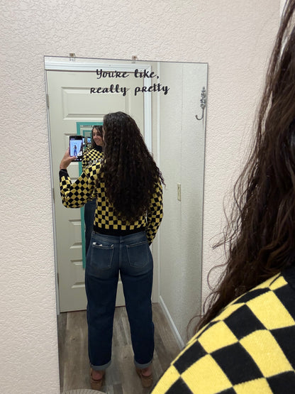 Iowa Checkerboard Cropped Crewneck Sweater: BLACKYELLOW