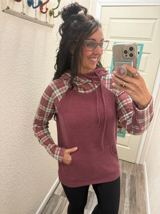 Holly Burgundy Corded PLAID CONTRAST DRAWSTRING HOODIE With Thumbholes