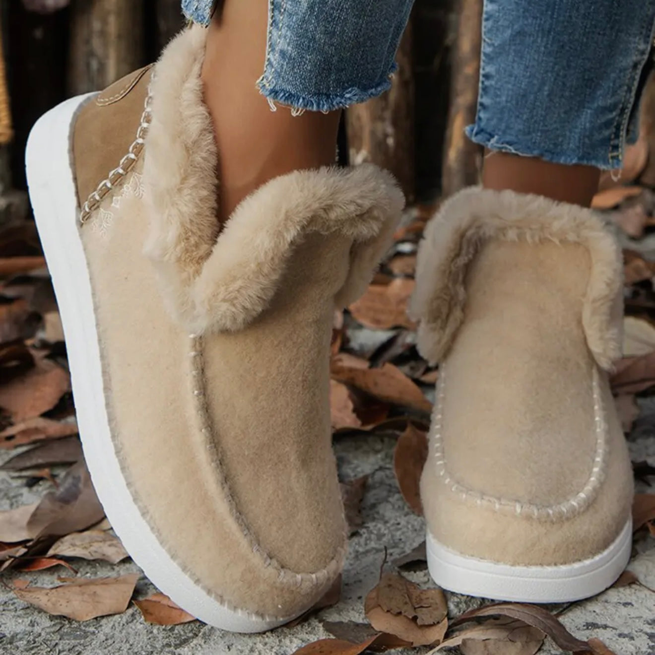 Beige Suede Stitching Patchwork Plush Lined Anklet Boots