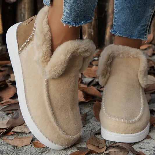 Beige Suede Stitching Patchwork Plush Lined Anklet Boots