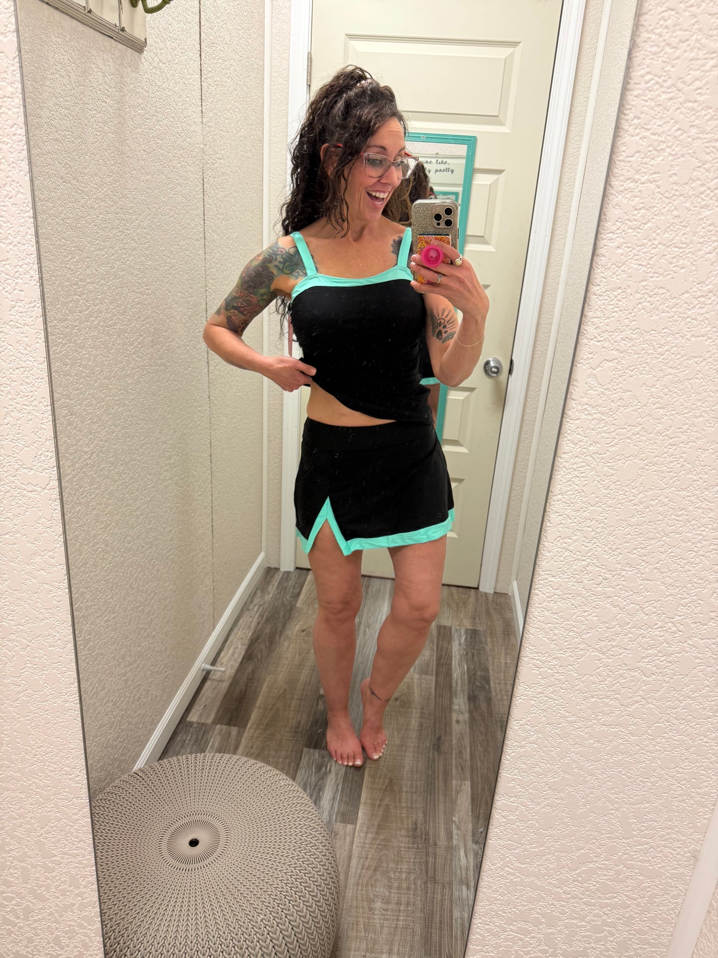 Hit The Pool Skirted Swimsuit- Black/Aqua