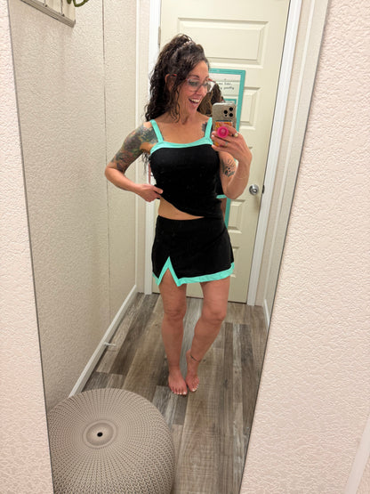 Hit The Pool Skirted Swimsuit- Black/Aqua