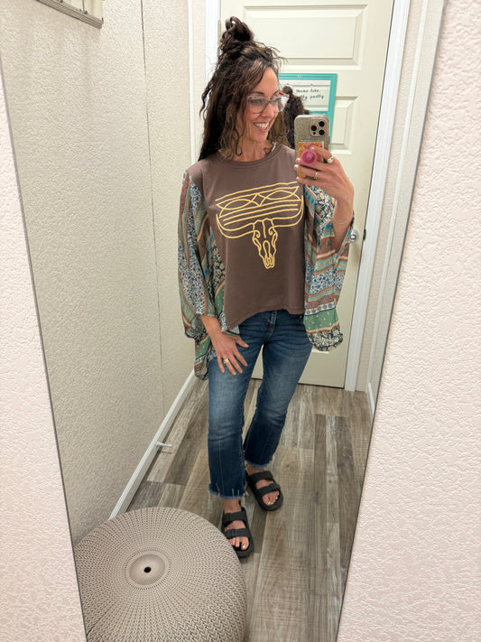 Cowboy Stitch Graphic Sheer Boho Kaftan Top: BROWN