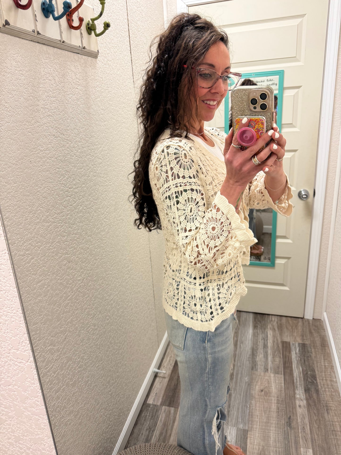 Candi Cropped Scalloped Crochet Button-Front Cardigan