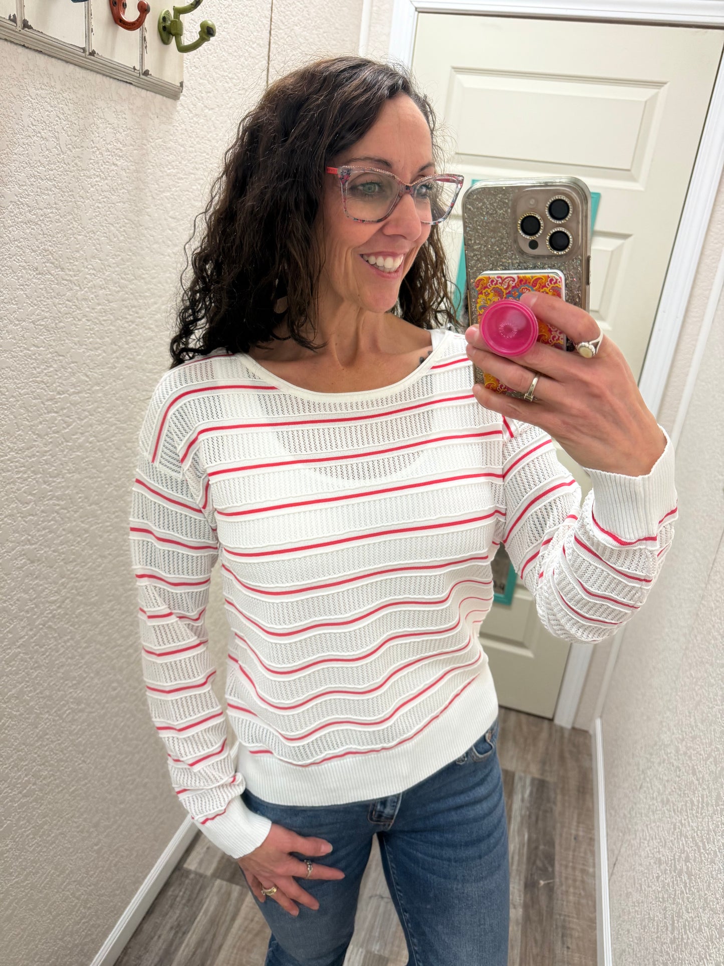 Seeing Stripes OPEN WEAVE POINTELLE STRIPED Top