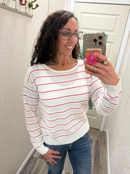 Seeing Stripes OPEN WEAVE POINTELLE STRIPED Top