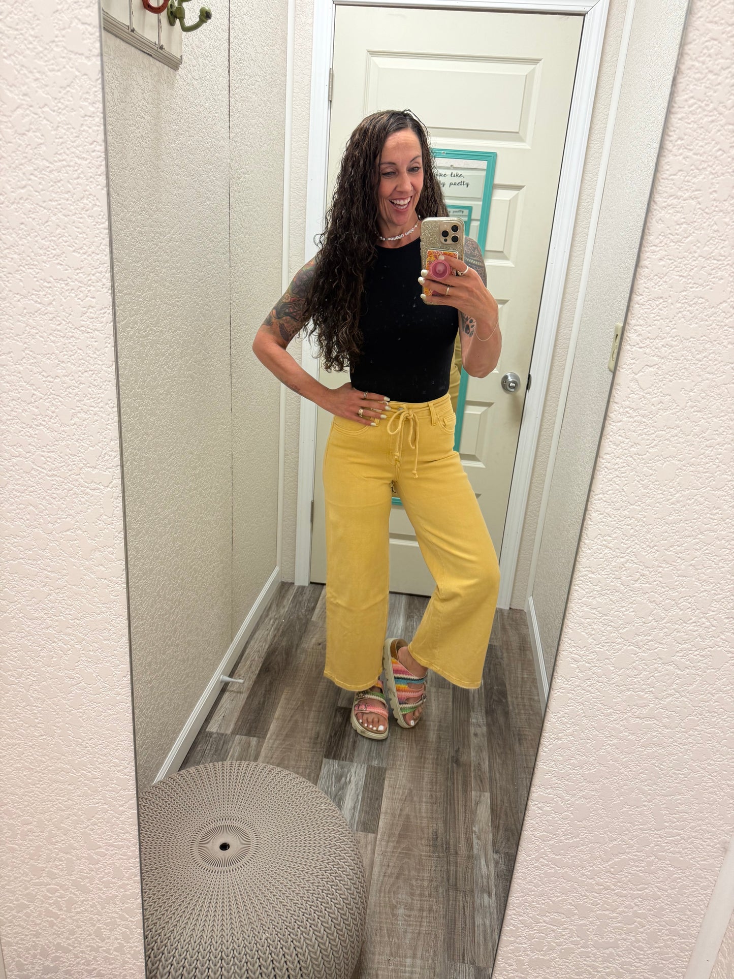 Sunshine High Rise Drawstring Color Crop Wide Leg Jeans