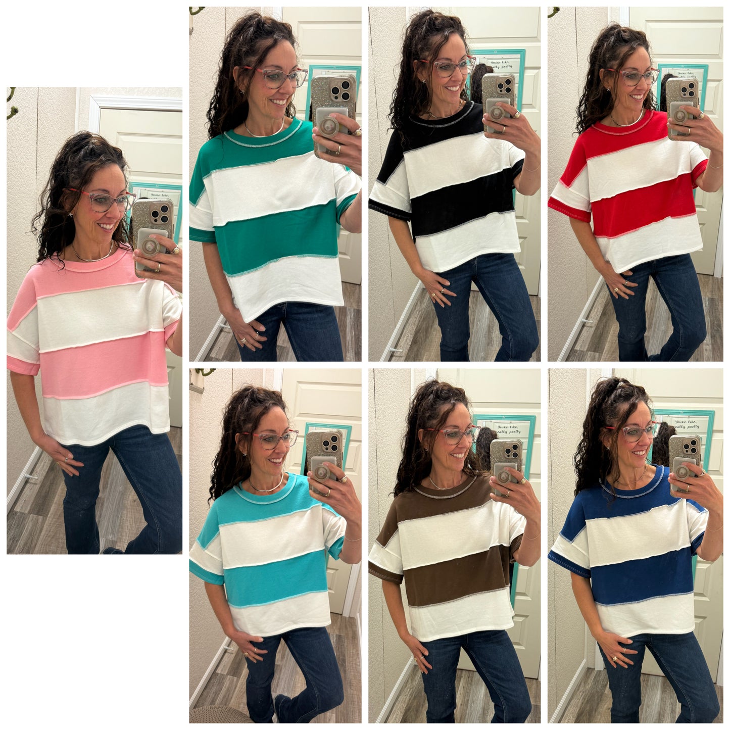 Terry Color Block Exposed Seam Short Sleeve Top