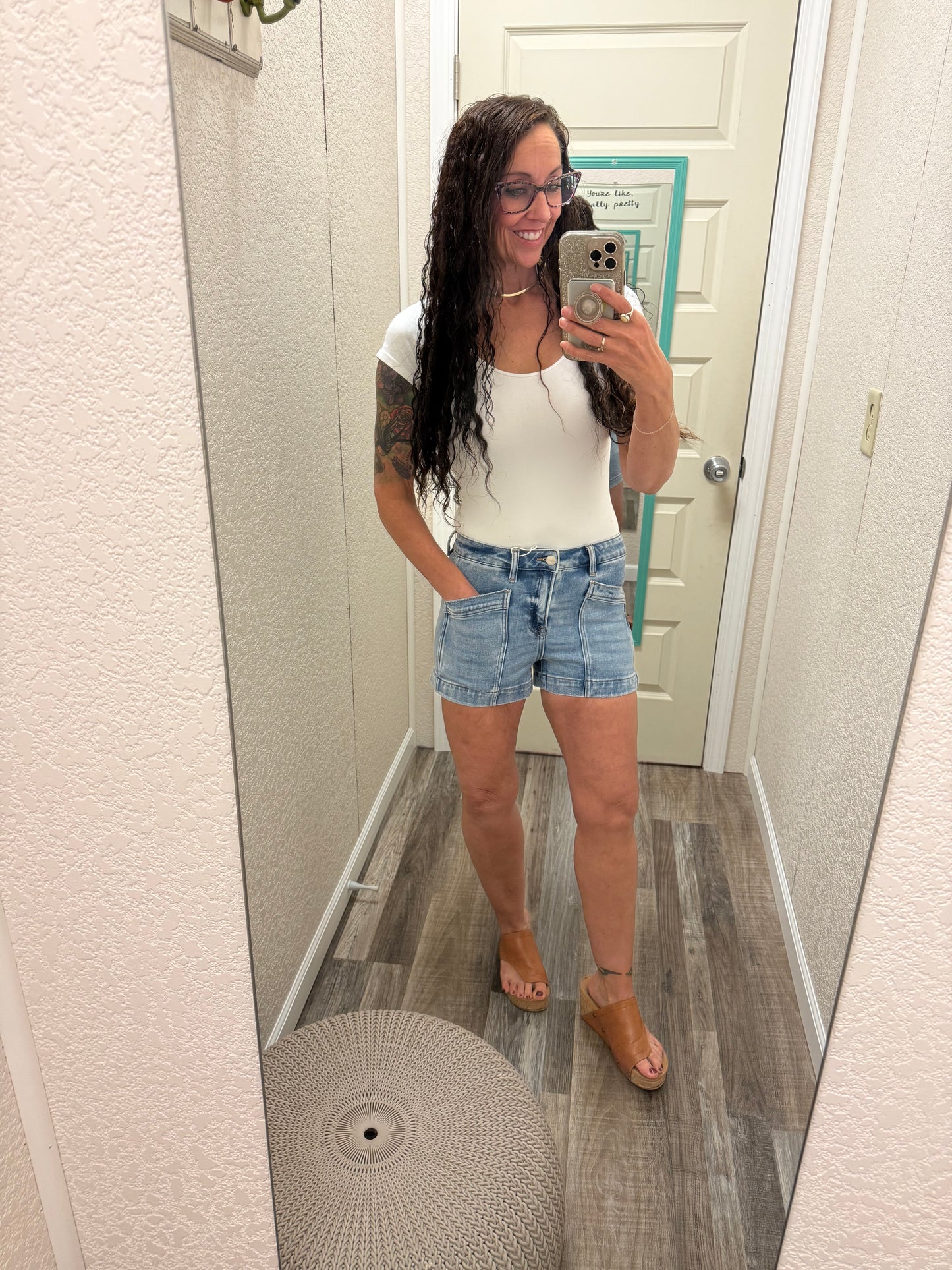 Samantha Risen Slouchy Eyelet String Detail Shorts Light Wash