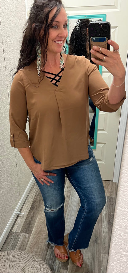 Francesca - Brown - 3/4 Tab Sleeve Blouse