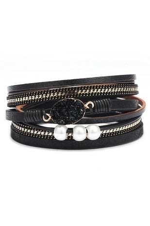 Black beaded natural leather, multi strand bracelet