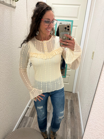 Lola Lace Ruffle Detail Henley Neck Top