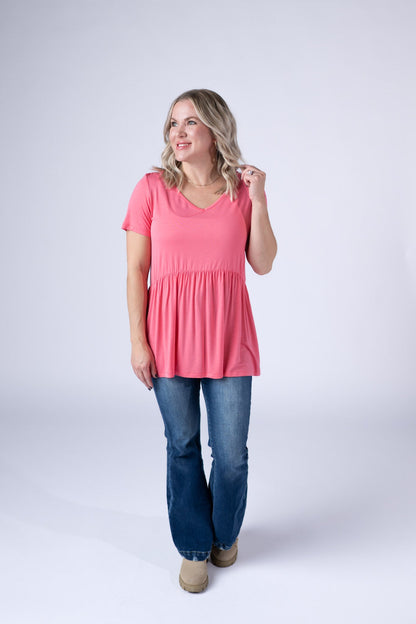 IN STOCK Sarah Ruffle Short Sleeve - Sun Kissed Coral